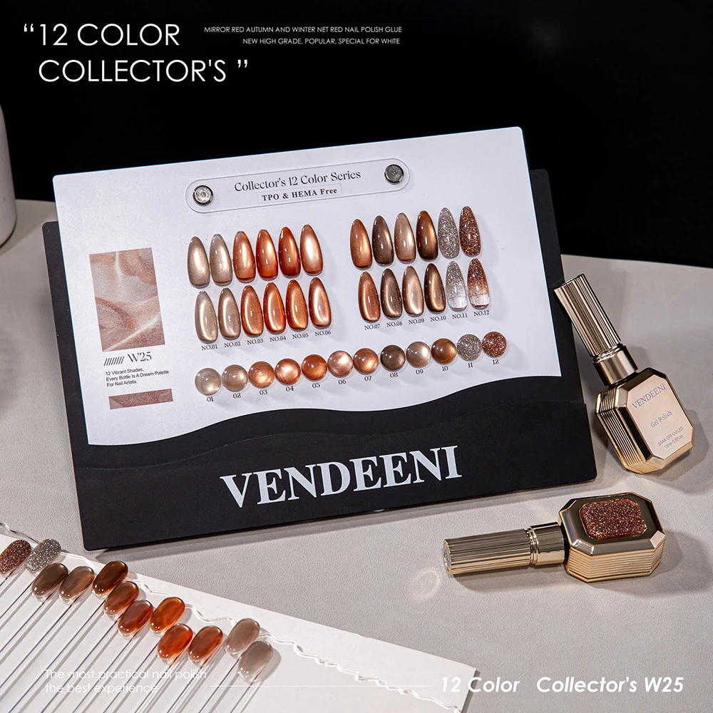 Vendeeni 12 Colors/Set Copper Color Crystal Cat Eye Gel Nail Polish UV LED Magnetic Amber Brown Cat Eye Gel Varnish With Display