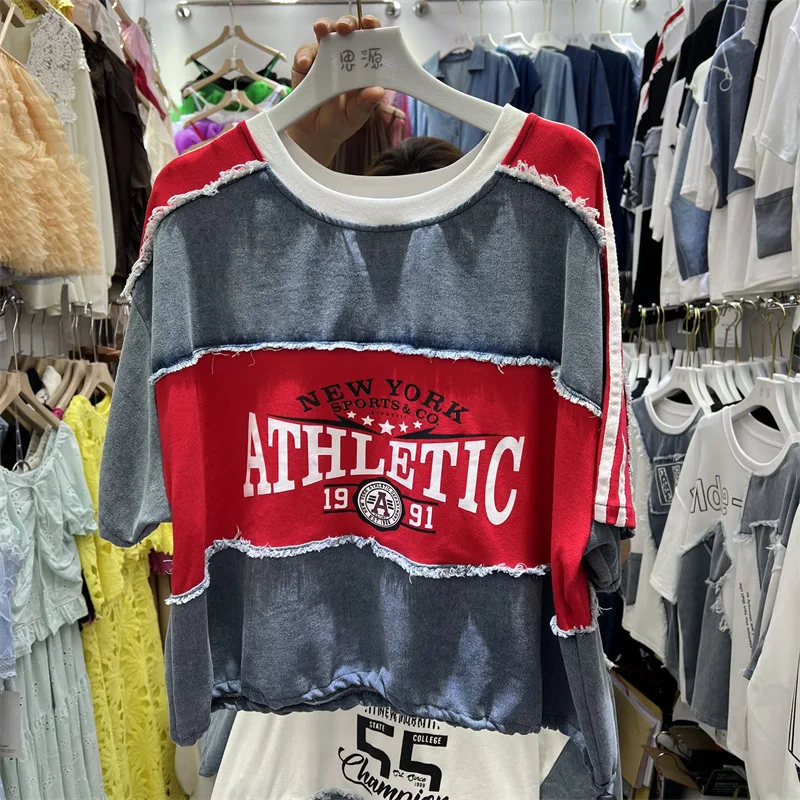 American Street New Spring Summer Loose Short Sleeve T-shirt All-match Round Neck Letters Printed Colorblock Denim Splicing Tops