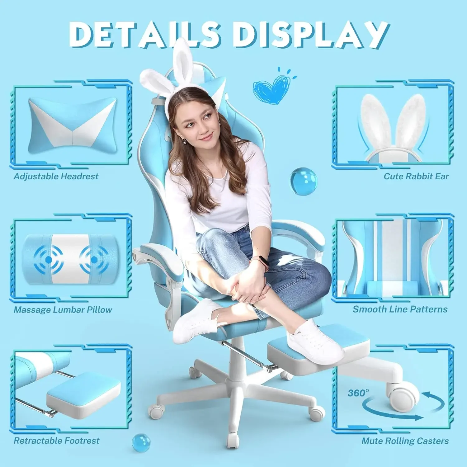 Sedia da gaming Ferghana Kawaii azzurra con orecchie da coniglio, sedia da gamer ergonomica e carina con poggiapiedi e massaggio, reclinabile da corsa