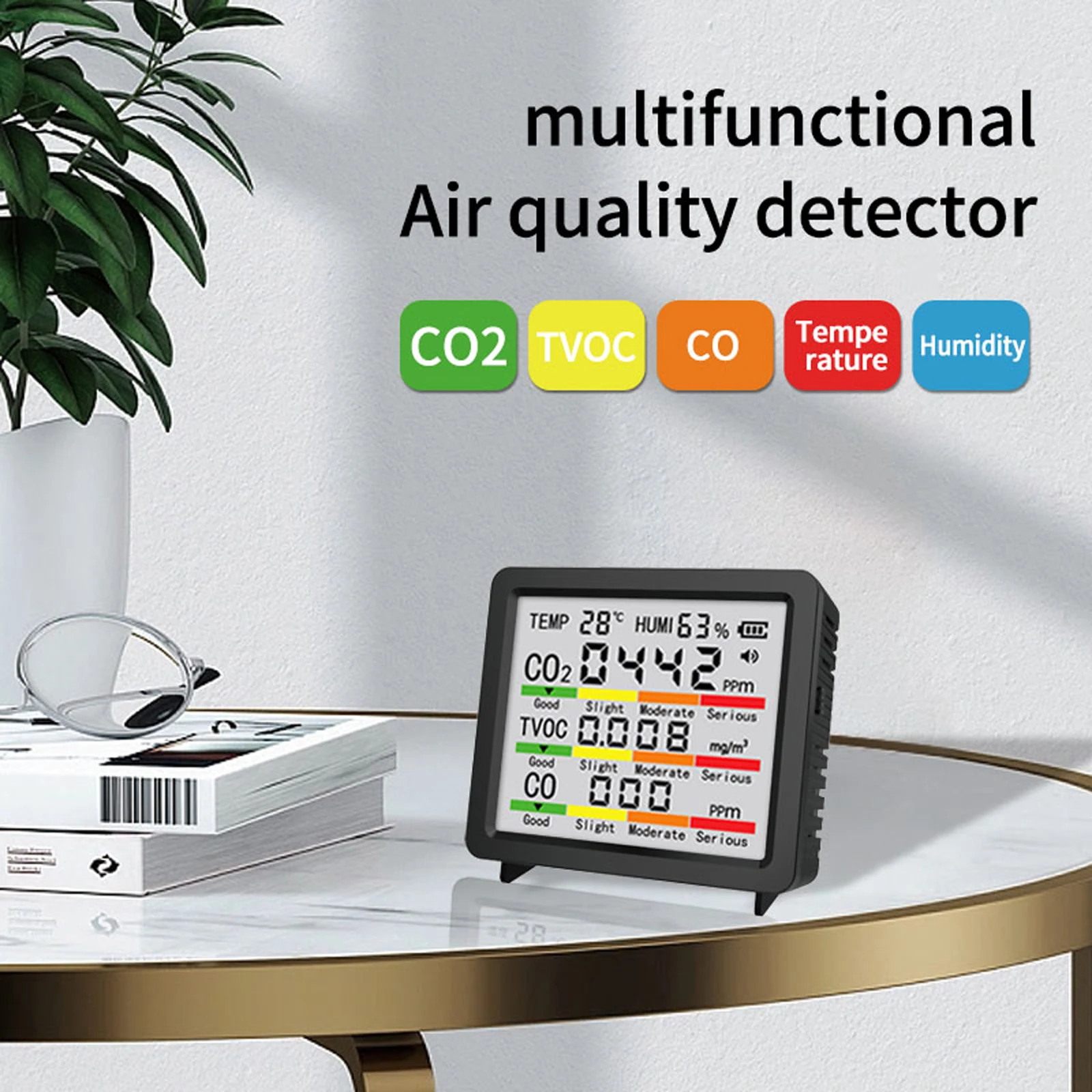 

Multifunctional Indoor Environment Monitor with LCD Display Real-Time CO2 TVOC CO Temperature & Humidity Display Color Indicator