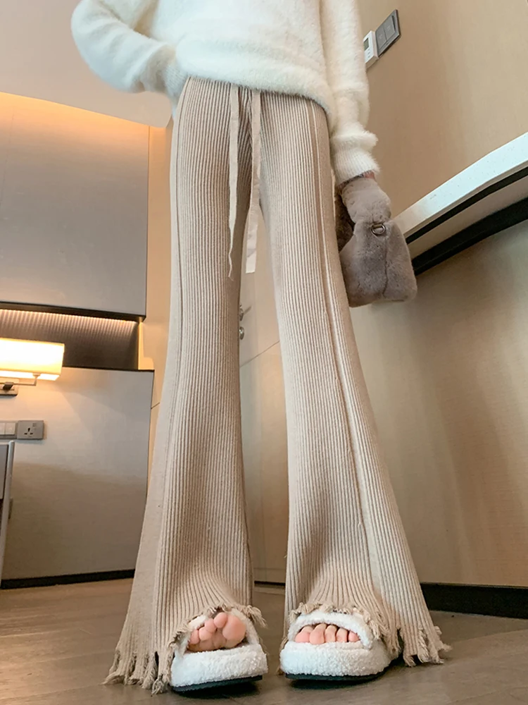 

Women's Tassel Knitted Wide Leg Pants Bell-bottoms Vertical Bar Drapey High Waist Drawstring Casual Floor Length Pants