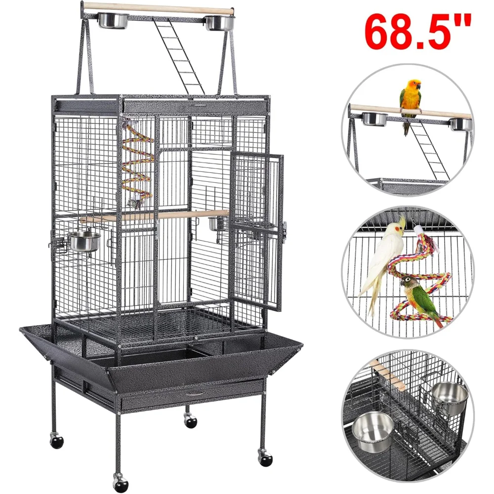 68-inch Rolling Play Top Large Parrot Bird Cage for African Grey Cockatiel Conure Lovebird Parakeet Budgie