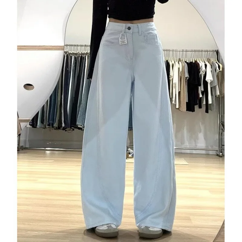 

Женские светло-голубые широкие джинсы 2026, повседневная модная уличная одежда с высокой талией, модные свободные длинные джинсовые брюки, минималистичный стиль