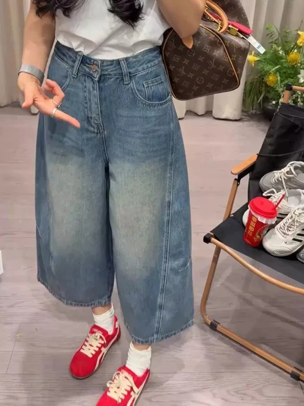 

plus Size High Waist Wide Leg Jeans Women's Summer Loose Fit Casual Cotton Denim Shorts Korean Style Commute Fashion