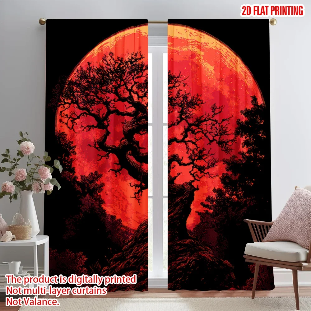 

2D flat printing 2pcs Curtains Halloween Red Moon Tree Digital Printed Polyester Drapes Festive Curtains Perfect for Home &