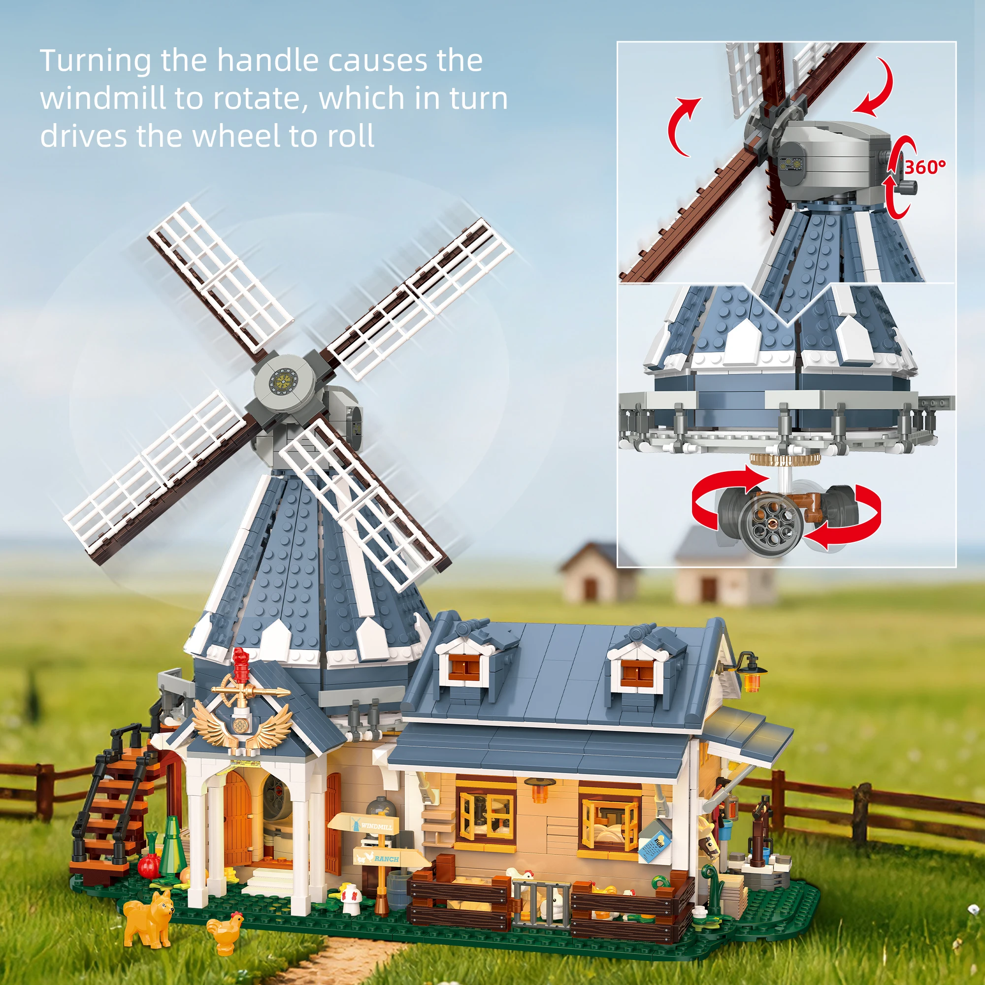 

Pastoral Style Windmill Ranch Model Building Kit European Farm House Scene with Livestock Figures Creative Desktop Decor Gift