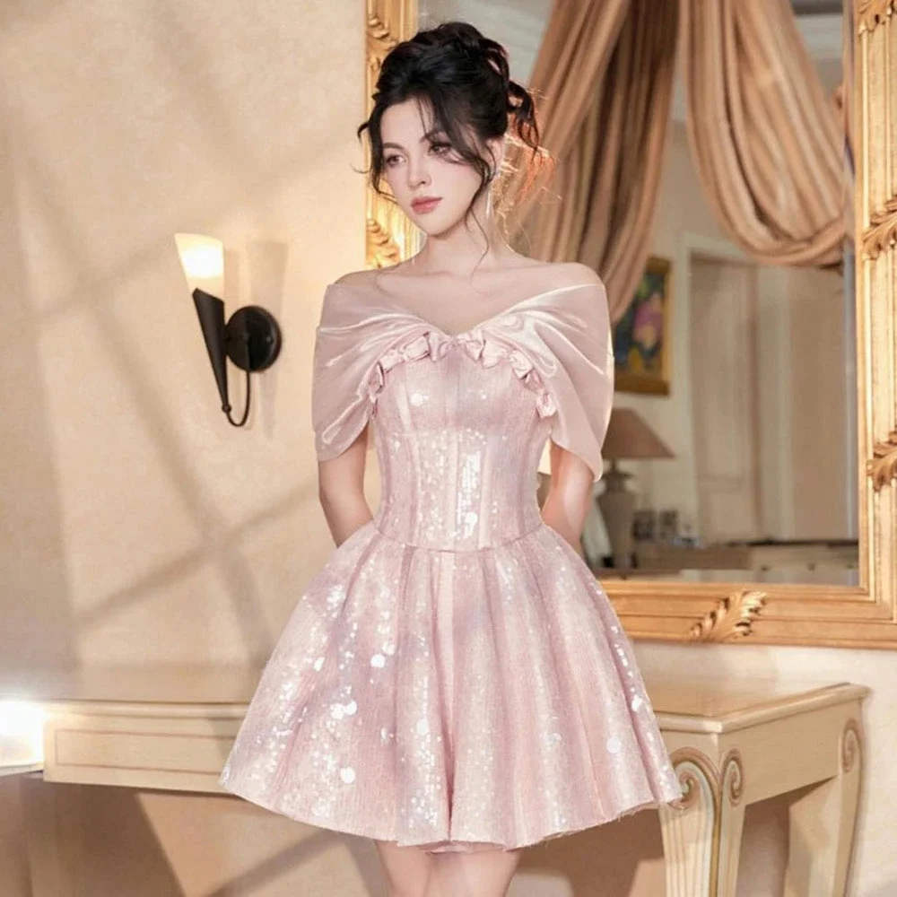 

2025 Off Shoulder Light Pink Sequins Cockatil Dress Shinny Sparkly Women Clothing Ever Pretty Sleeveles Party Dress