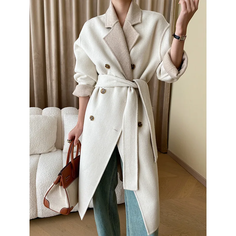 

Women Autumn Coats Two Way Wear Drouble Breasted Design 52% Cashmere Long Woolen Coat With Belt Wool Coat Veste Femme Tops