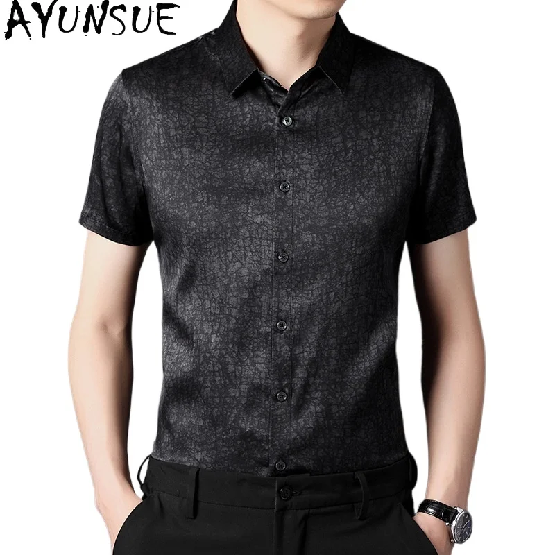 

AYUNSUE 92% Mulberry Silk Mens Summer Shirt Mens Shirts Short Sleeves Chemise Ete 2024 Homme One Piece Shirt Casual Men Clothing