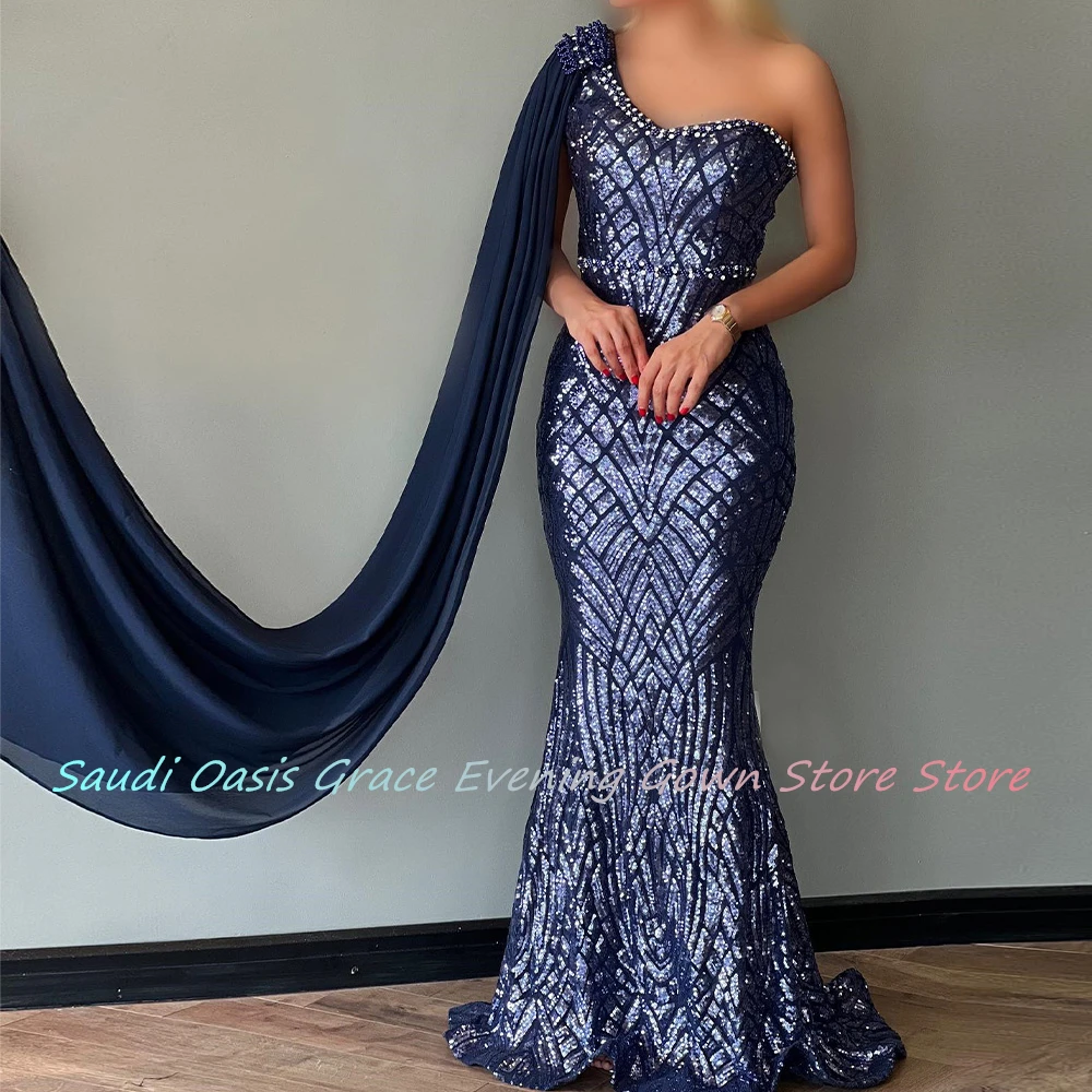 Elegant and Exquisite Mermaid Strapless One Shoulder Evening Dress Sleeveless Sleeveless Sequined Custom Size Saudi Arabia 2024