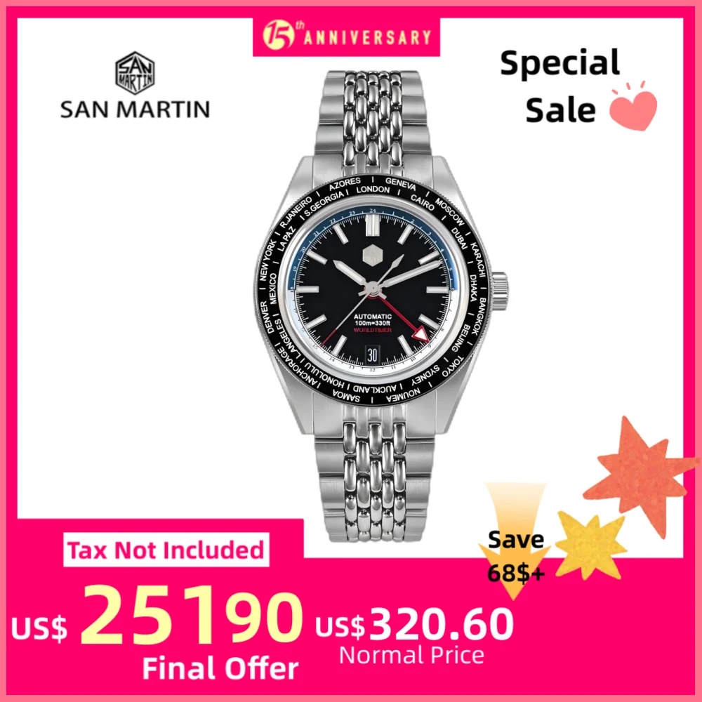 

San Martin Original Limited Edition 39.5mm NH34 Automatic World Timer Watches For Men GMT 10Bar 6H Date 24 Time Zone SN0116-1/2