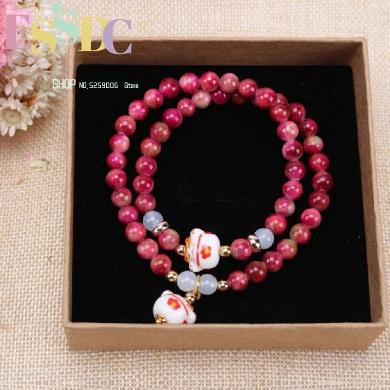 Hot Sale Natural Ceramics Fortune Cat Crystal Bracelet Multi Circles Fashionable Pink Stone Beads Lady's Hand String Ornaments