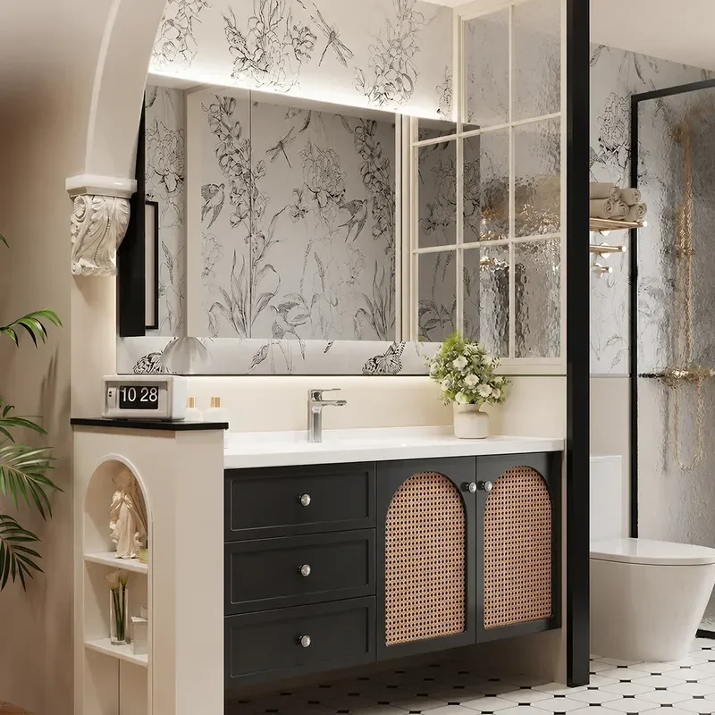 French Retro Rattan Bathroom Cabinet Black Washstand with Basin Vanity Unit Storage Combo for Modern Home Decor