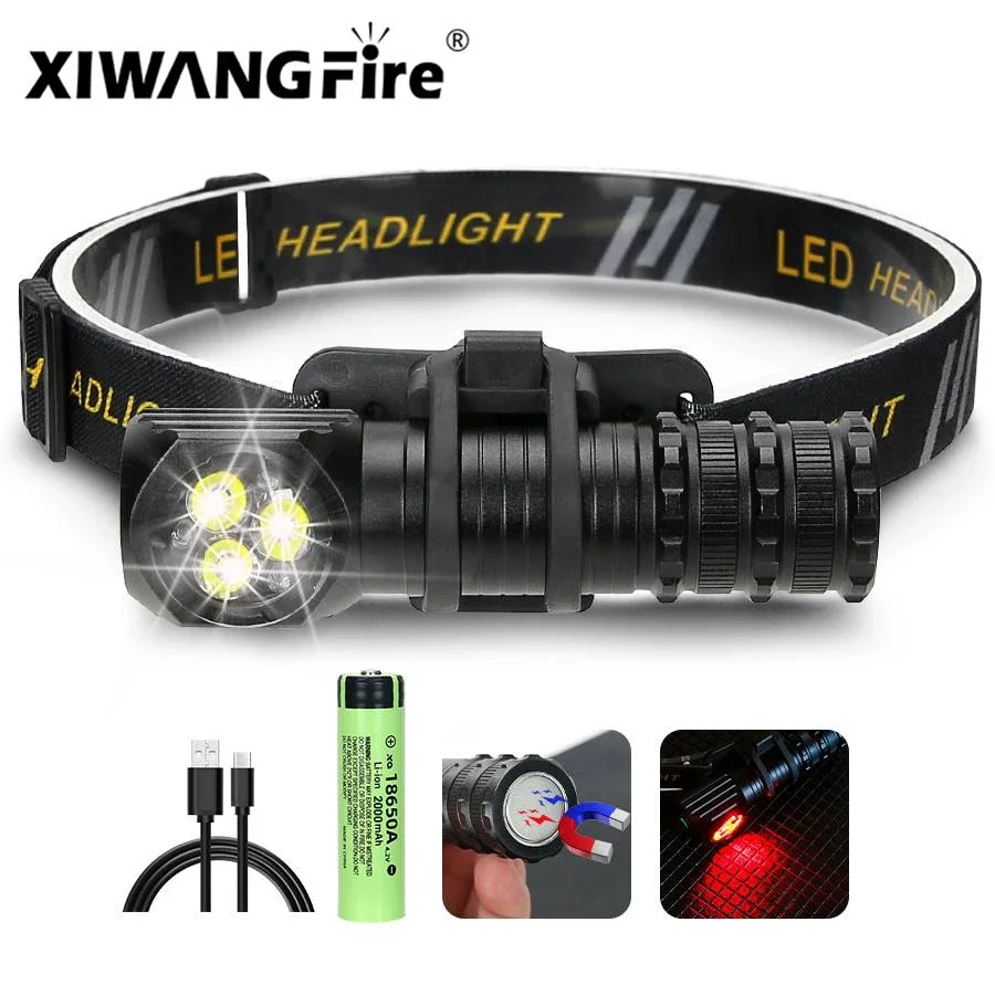 XIWANGFIRE T300 Headlamp 3 Led 18650 Magnetic USB Rechargeable Head Lamp 1300LM Flashlight Headlight Magnet Tail Cap Work Light