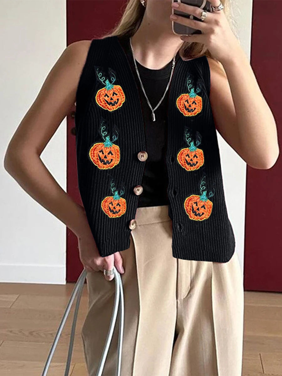 Womens Halloween Sweater Vest Pumpkin V Neck Sleeveless Button Down Knitted Cardigan Casual Streetwear