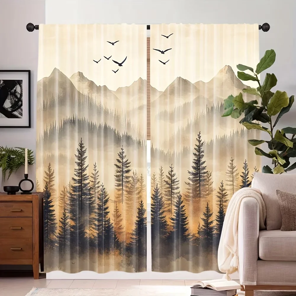 2PCS Digital Printed Curtains, Mountain Forest Flying Birds Nature Scene, Window Drapes for Living Room Bedroom Home Decoration