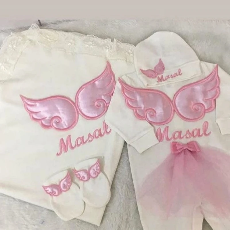 Dollbling Hospital Exit 5pcs Embroidery Name Newborn Angle Wings Romper Blanket  Nursery Bedding Swaddle Handmade Infant Outfit