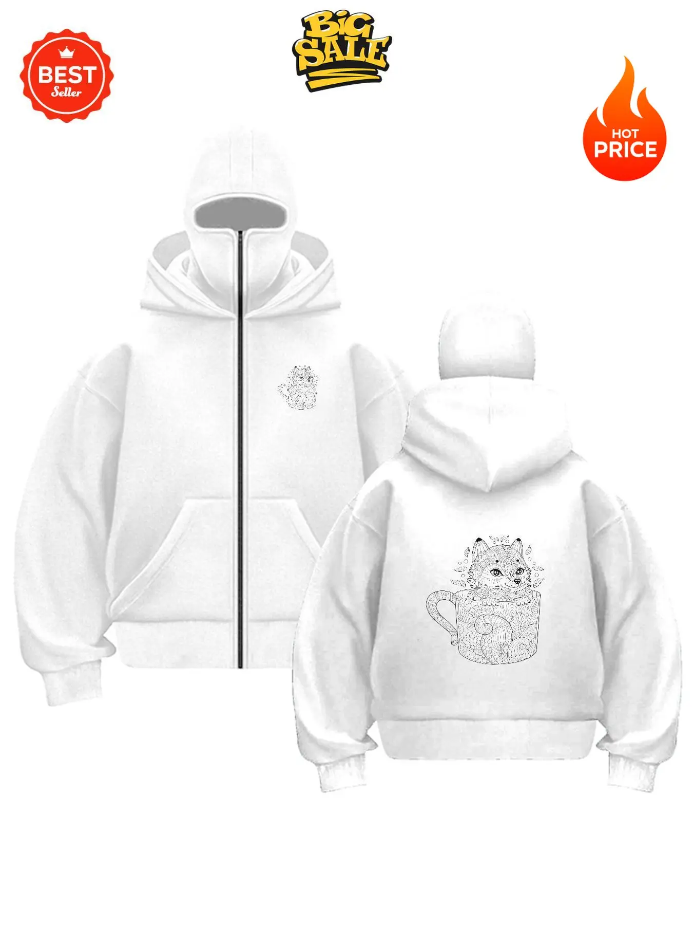 

Unisex Balaclava Zip Up Hoodie Print Streetwear Oversized Casual Sweatshirt Autumn Winter Y2K Harajuku Hooded Jacket Men Women
