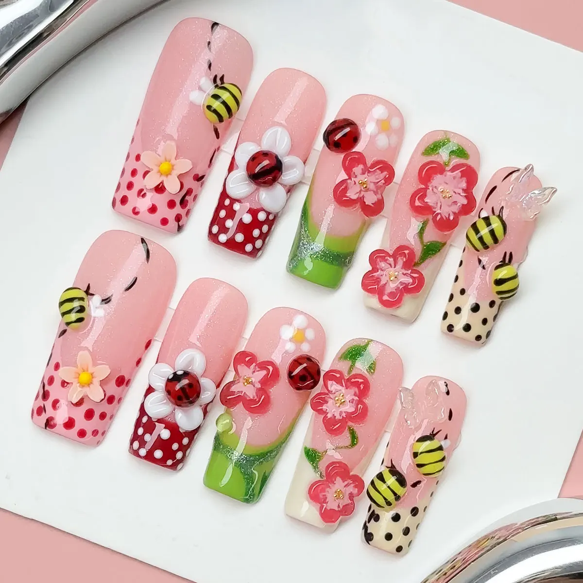10pcs handmade press on nails long square fake nails，Polka Dot Color-Contrast embossed small flower bee ladybug fake nail