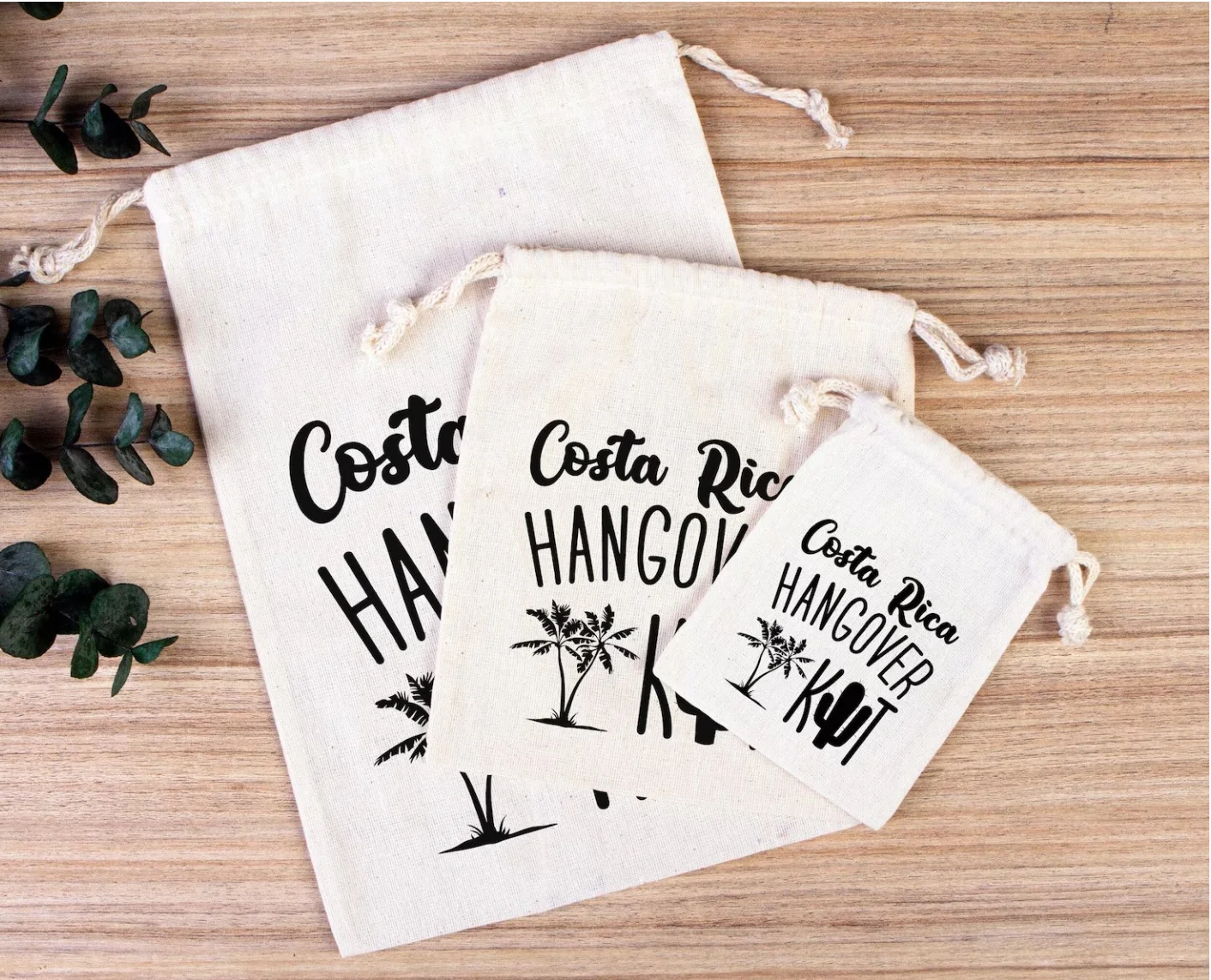 Costa Rica Hangover Bags , Party Bags, Survival, Recovery Kit Party Bachelorette Custom Name Print, Organic Cotton Drawstring Po