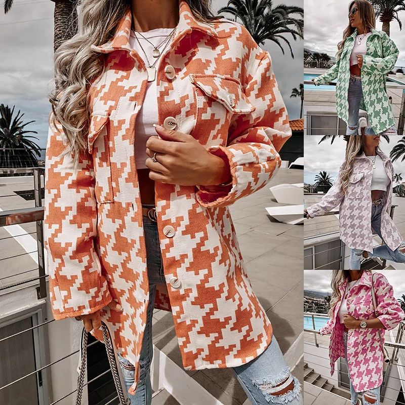 

Cross-border The Spring and Autumn Annals Europe and America Coats and Jackets Women Houndstooth Woolen Fabric Tops Loose