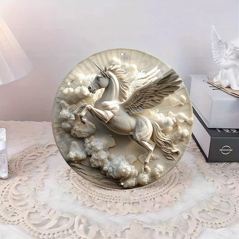 Aluminum Metal Pegasus Wall Sign, Round, Waterproof and Weather Resistant, Fantasy Art Decor for Home and Garden, 8in, 11.8in