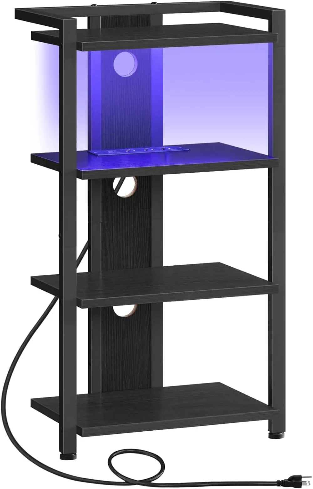 

4-Tier Media Stand with Charging Station and LED Light, Wooden Audio Tower, Corner TV Stand for Entertainment Devices