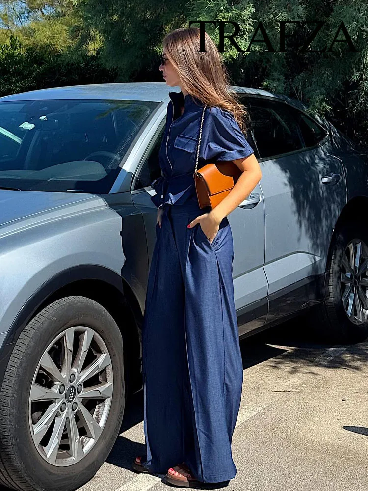 

TRAFZA Autumn Women Fashion Waist Zipper Bow Lace-up Short Sleeve Solid Shirt+Pockets High-Waisted Pleated Leisure Pants Suit