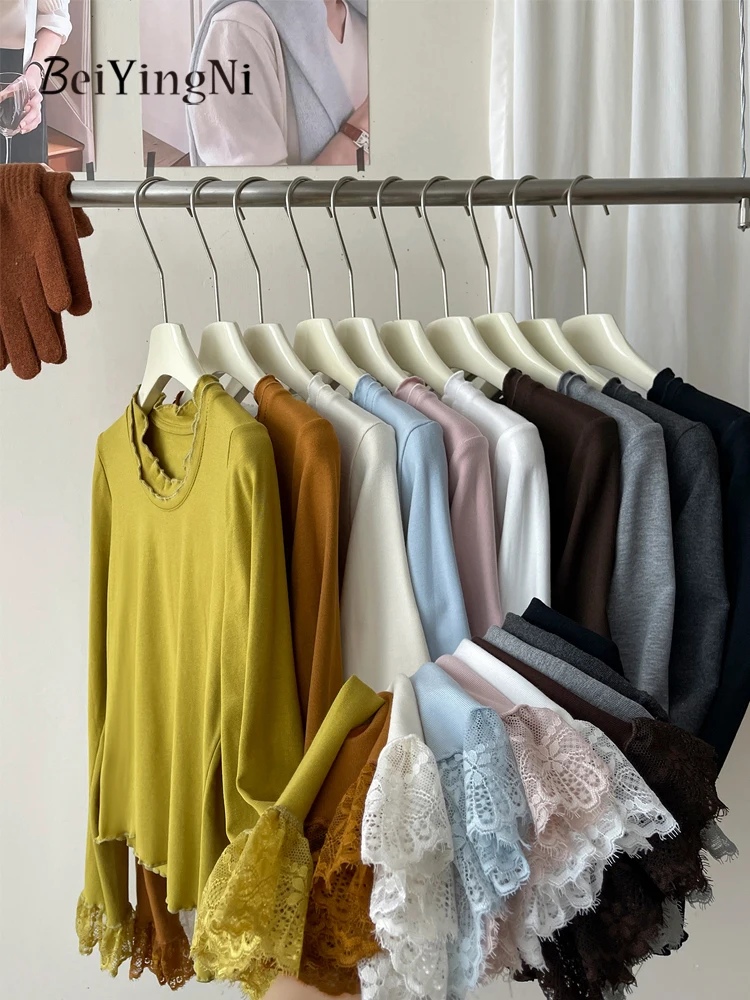 Beiyingni موضة جديدة تي شيرت الإناث الفرنسية الصالحة للأكل شجرة الفطريات الدانتيل تقسم سليم القمم المرأة الأساسية عادية كم طويل تي شيرت #2