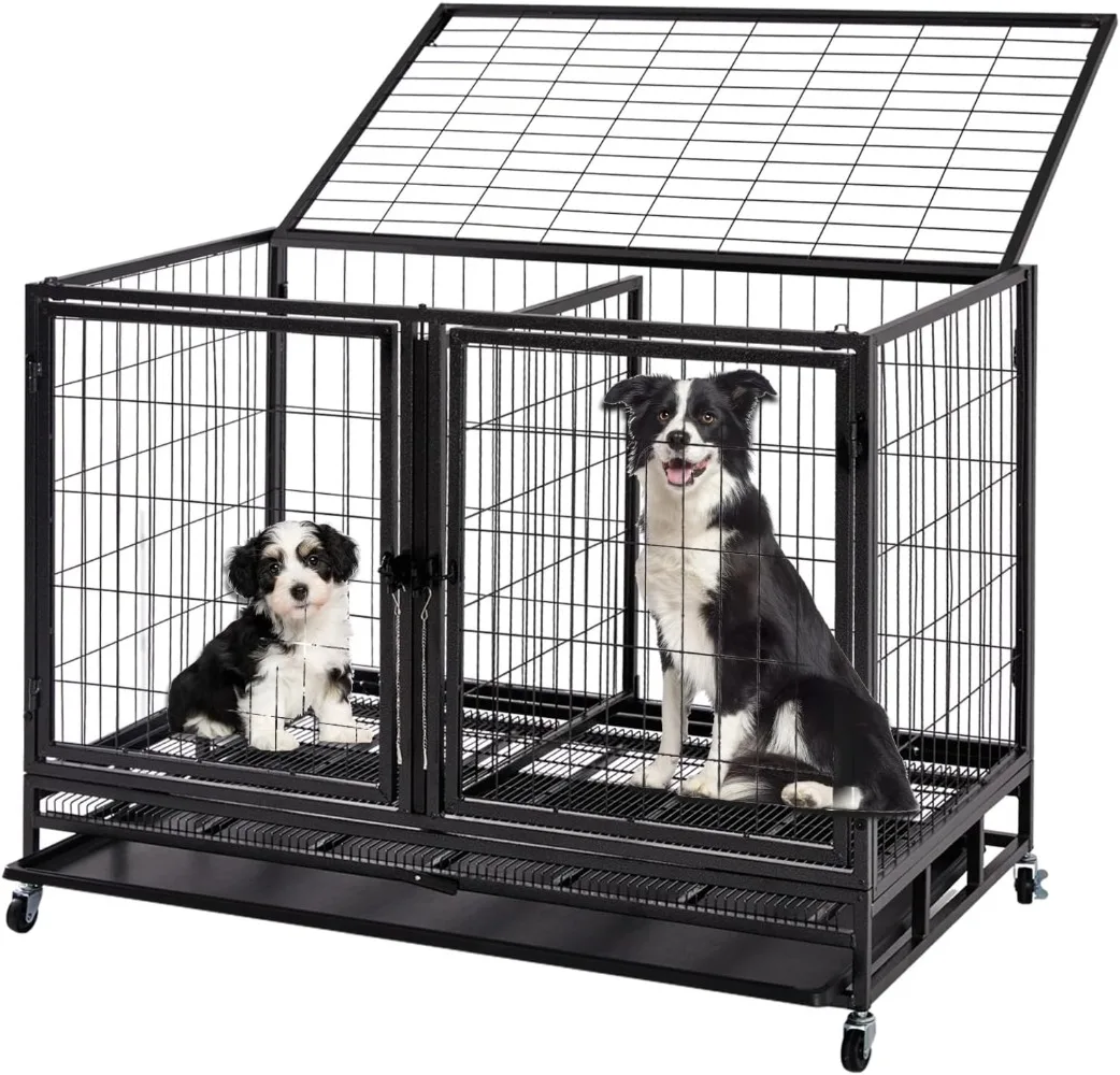 Heavy Duty Indestructible XL Dog Crate Steel Escape Proof, Indoor Double Door High Anxiety Cage (48-Inch-Wire Double-Black)