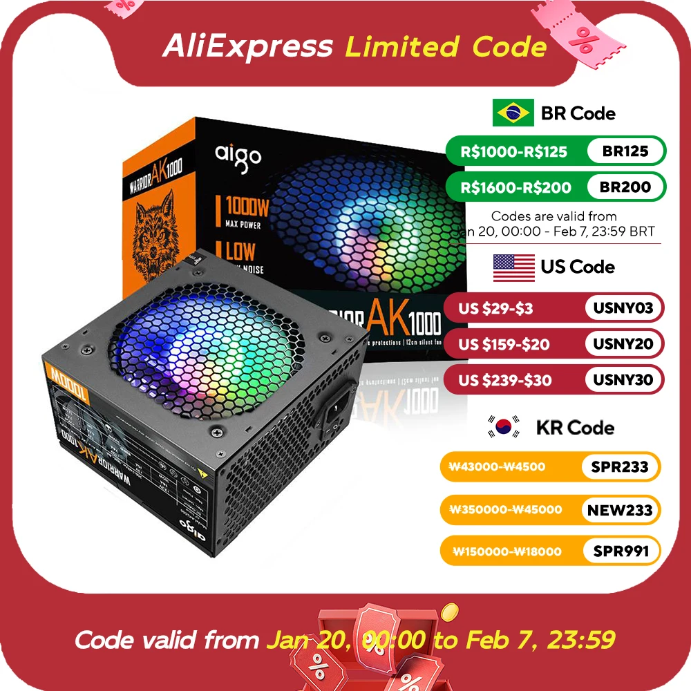 Aigo Fonte 500W 600W 700W 800W 1000W Power Supply DIY Gaming 120mm RGB Fan ATX PC Desktop computer Power Supply PSU for 7800x3d