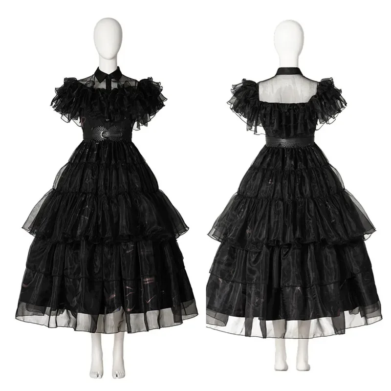 Женский костюм для косплея на Хэллоуин, Рождественская вечеринка, бал, среда, черное нарядное платье sk;m1