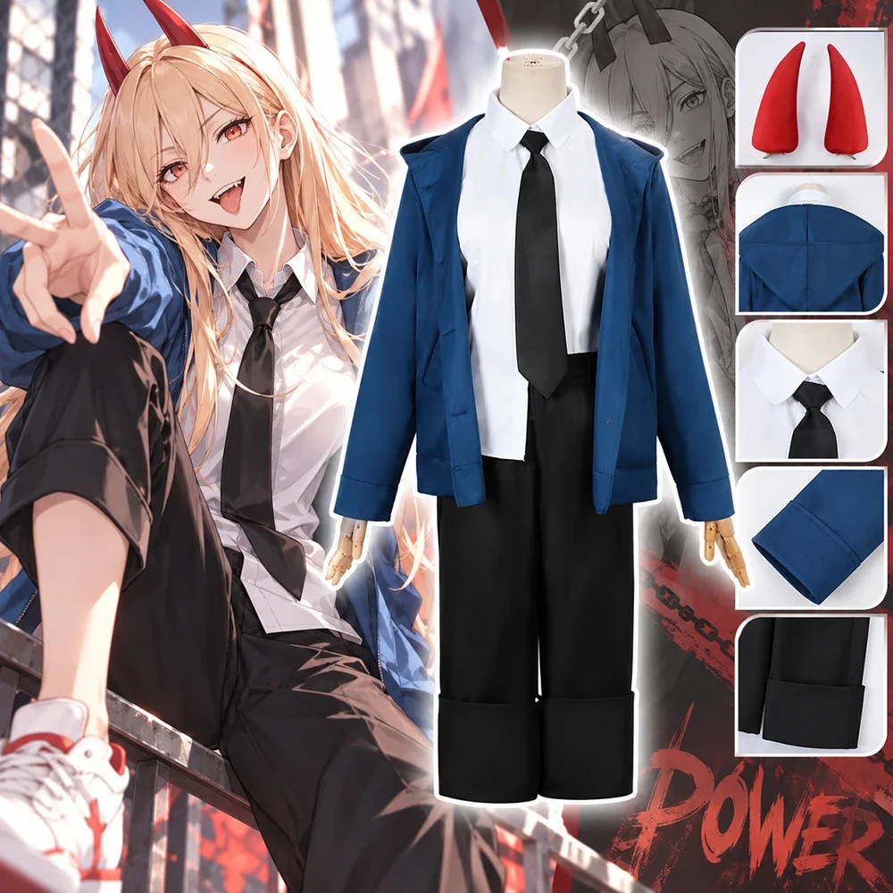 Chainsaw Man Power Cosplay Costume Women Jacket Shirt Tie Black Pants Horns Full Set Anime Uniform Halloween Carnival Outfit