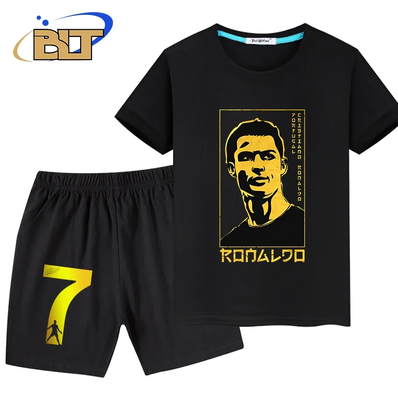 Ronaldo infantil impresso camiseta esportiva de manga curta e shorts terno, conjunto de 2 peças, adequado para meninos, roupas de verão