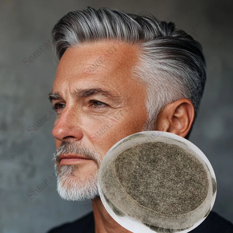 1b50رمادي أسود بني تنفس أستراليا الشعر المستعار الرجال غير قابل للاكتشاف السويسري الدانتيل بولي Base قاعدة الباروكات وحدات الشعر الأوروبية نظام استبدال #1
