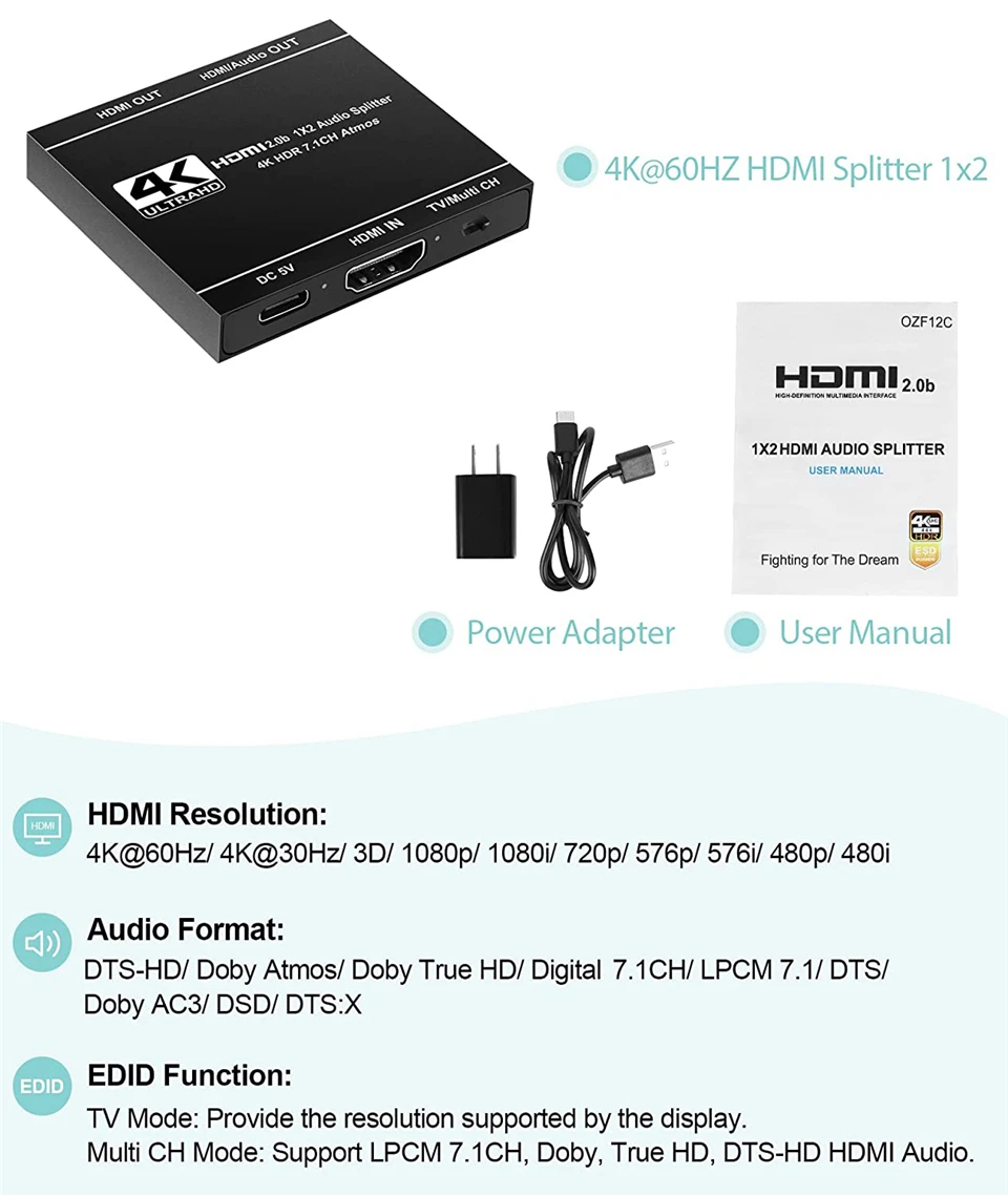 Navceker 4K rozdzielacz HDMI 1x2 HDMI 2.0 rozdzielacz 1 w 2 ekstraktor dźwięku HDMI HDR HDMI2.0 dla PS4 Apple TV XBox PS5