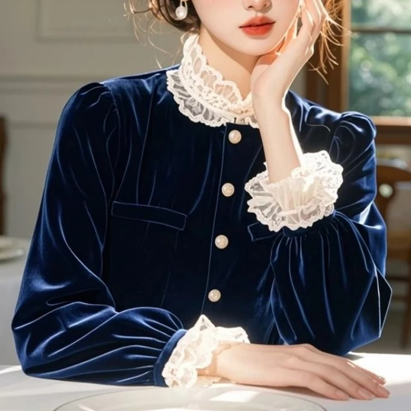 New Blue Velvet Lace Patchwork Temperament Shirt Tops Spring Autumn Long Sleeve Solid Elegant Blouse Fashion Trend Women Clothes