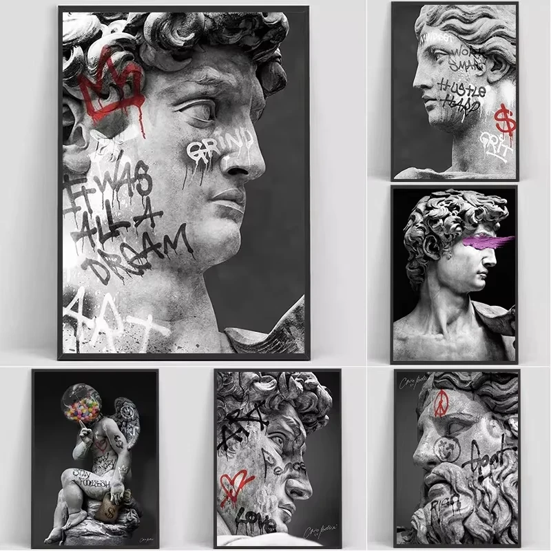 Statue of David Graffiti Art Canvas  David Head Sculpture Posters and Prints Street Wall Art Pictures for Room Decor