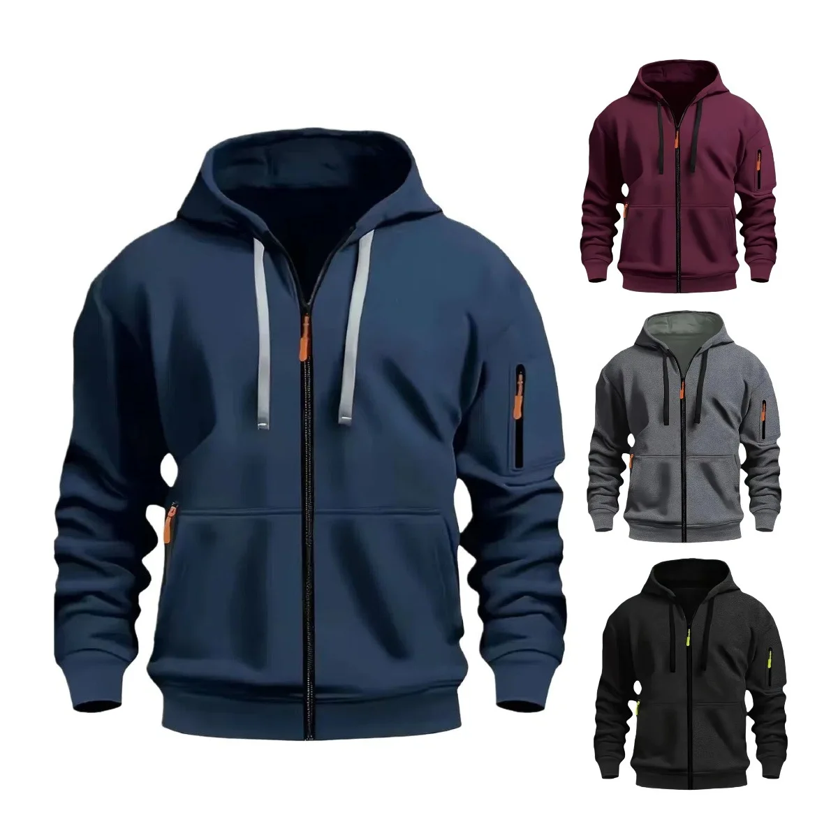 جديد الرجال الخريف والشتاء عارضة بلون مقنعين البلوز المألوف سستة جيب الشارع الرياضة السترة مقنعين قميص.