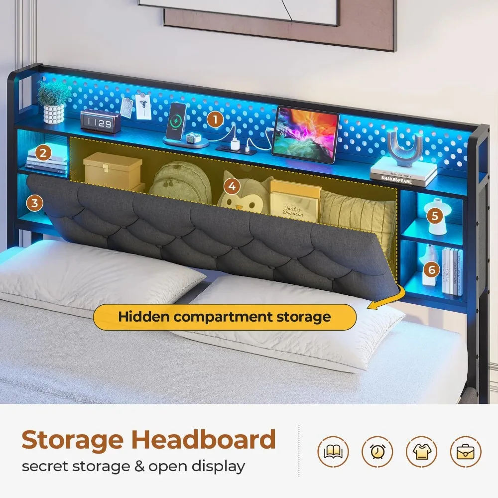 Floating Bed Frame Full Size with LED Lights Headboard, Floating LED Bed Frame with Hidden Storage and USB Port Charing Station