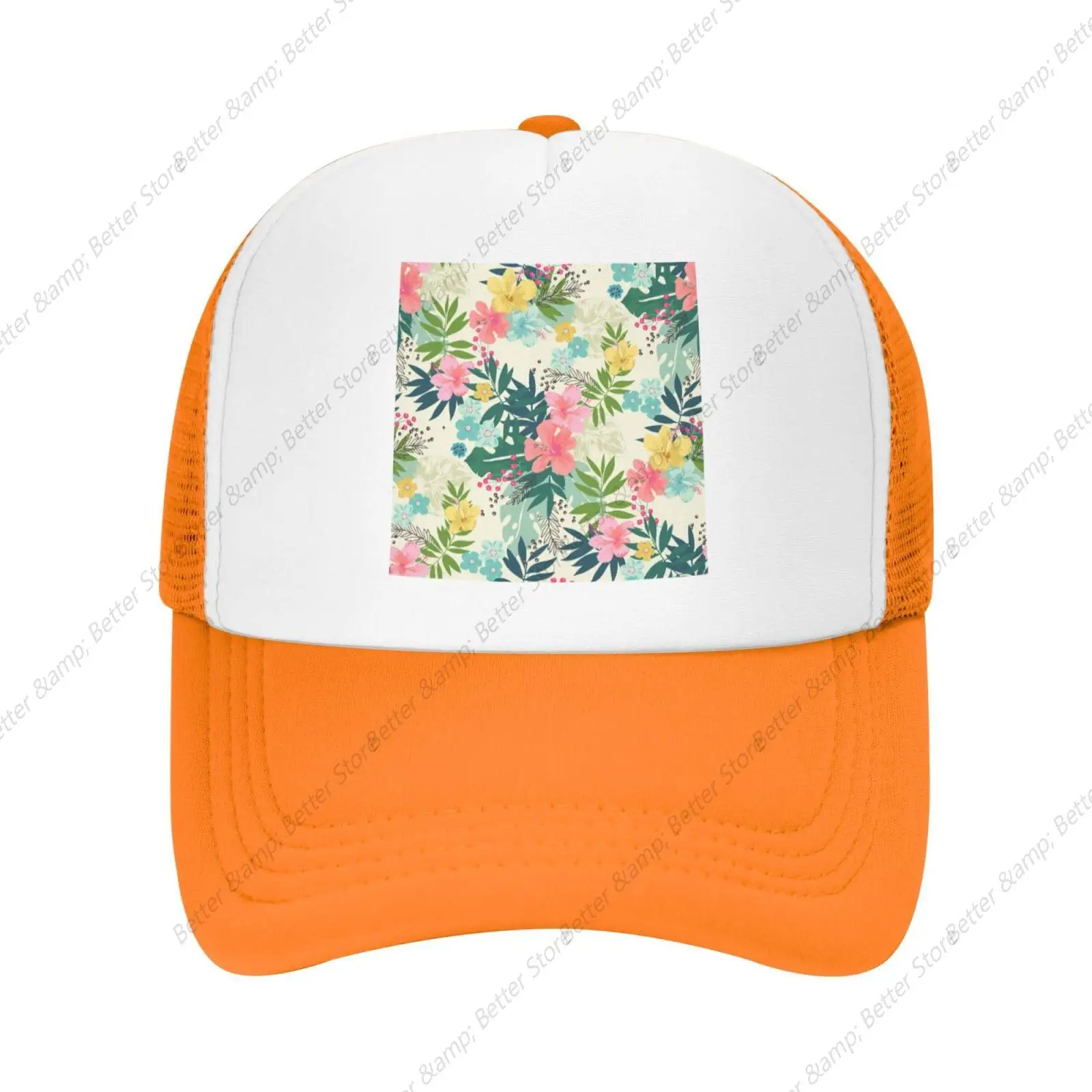 Baseball Cap for Women Men Adjustable Trucker Hat Quick Dry Running Snapback Hat-Tropical Flowers Orange