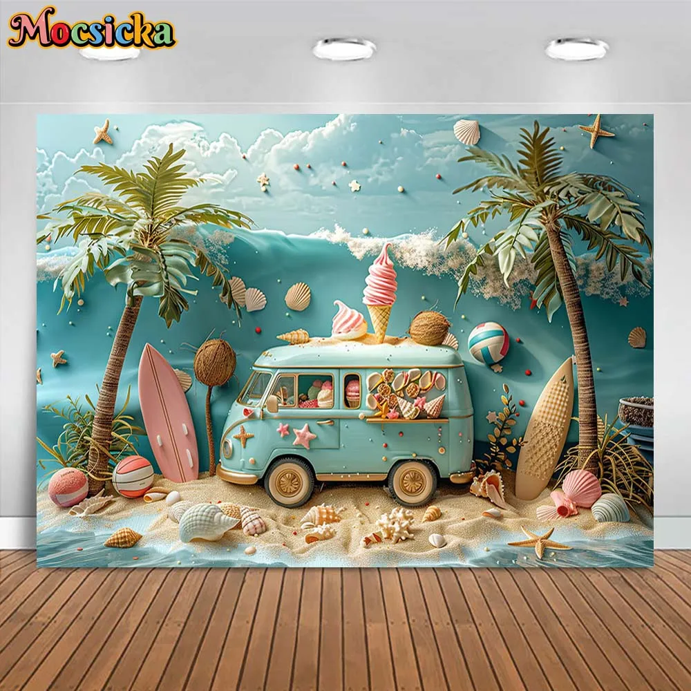 Mocsicka Sommer Fotografie Hintergrund Tropen Strand Eis wagen Palme Surfen Hintergrund für Fotostudio Fototermin Requisiten