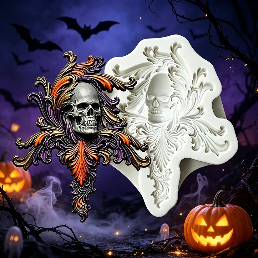 Skull Acanthus Scroll Halloween Silicone Sugarcraft Mold Resin Tools Cupcake Baking Mould Fondant Cake Decorating Tools