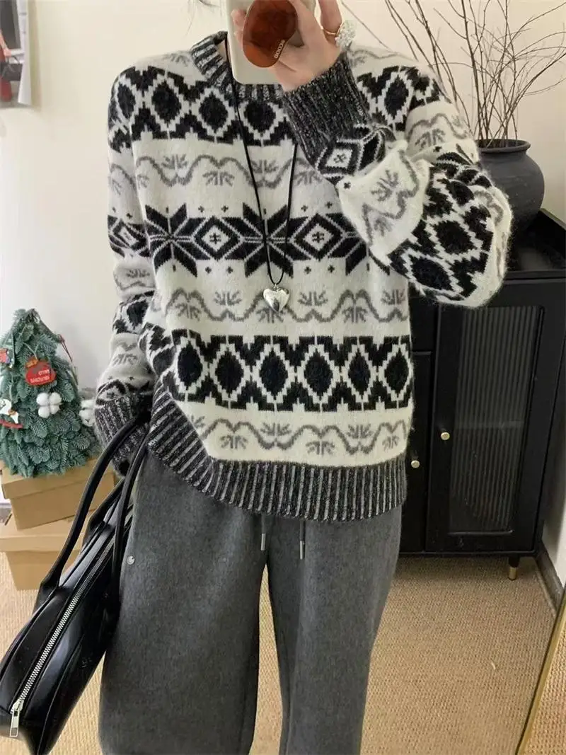 

Retro Pattern Color Blo Lazy Sle round Ne Long Sve Woolen Knitted Cardigan Trendy Commute Loose Fit Autumn Winter Sw...