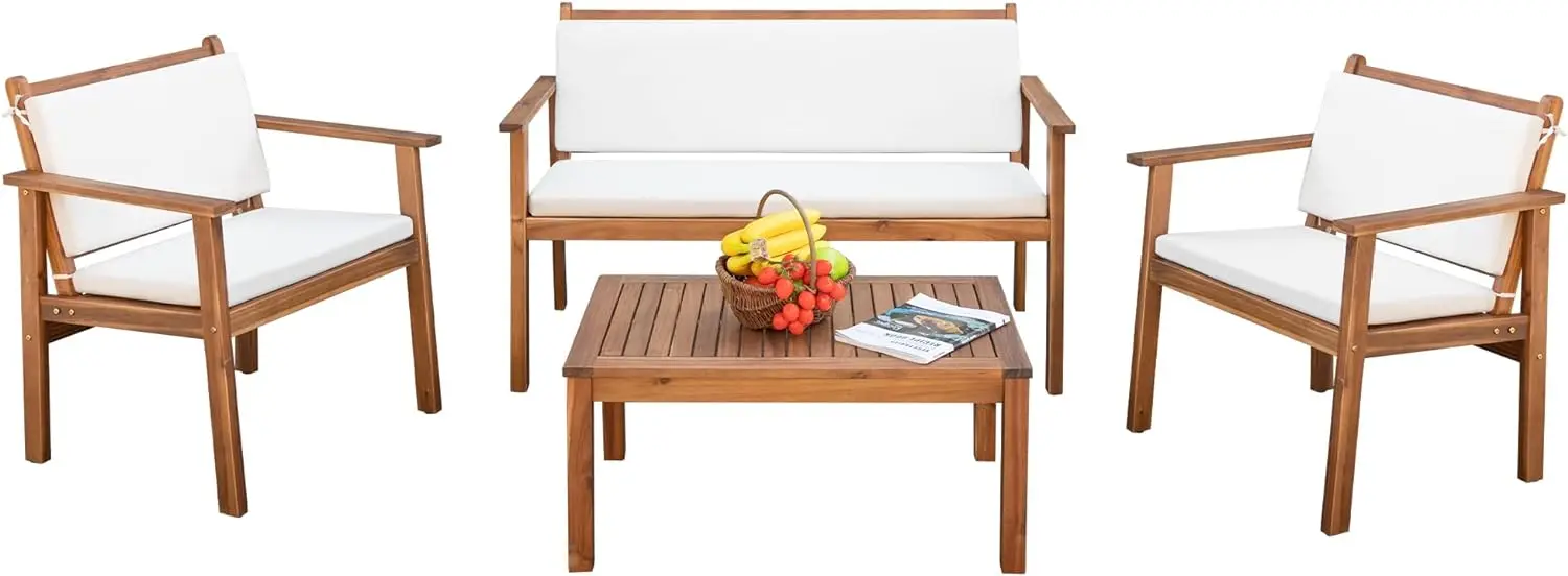 Patio Furniture 4 Piece Acacia Wood Outdoor Conversation Sofa Set with Table & Cushions Porch Chairs for Garden, Deck