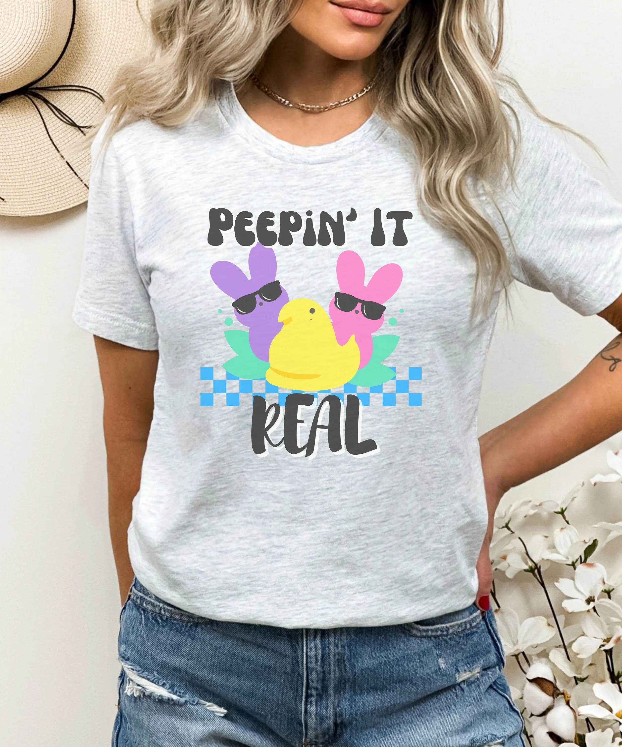 

Peepin' It Real T Shirt Easter Bunny Funny Tee Peeps Cute