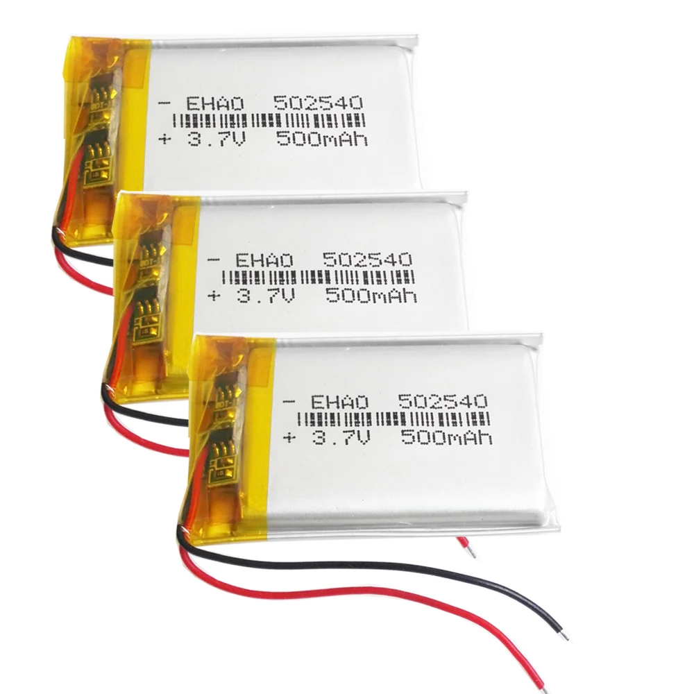 Células de bateria recarregável do lítio do polímero do lipo, 3.7v, 500mAh, 502540, MP3, DVD, gravador de Bluetooth, auriculares, E-book, câmera, 3 PCes