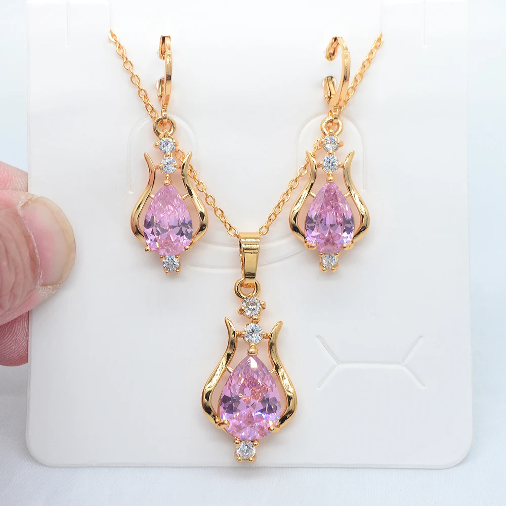 Fashion Gold Color Women Red Cubic Zirconia Water Drop Earrings & Pendant Jewelry Set