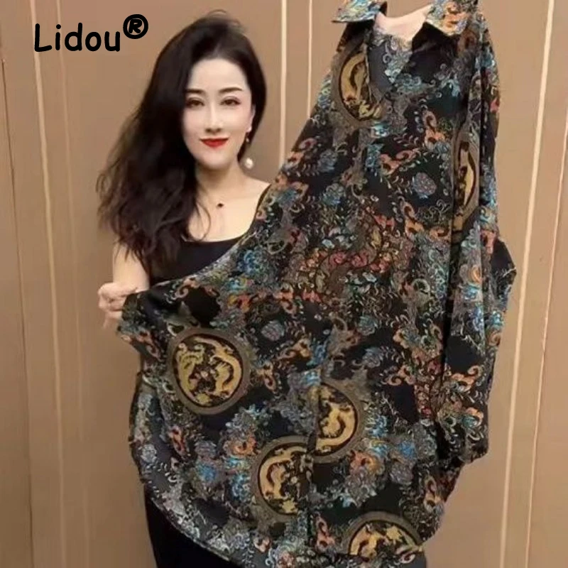 Middle Aged Elderly Women Clothing Vintage Floral Print Oversize Shirts Ladies Fashion Long Sleeve Blouses Casual Chiffon Tops