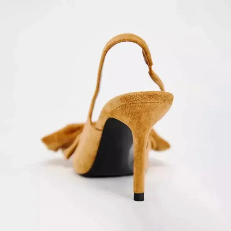 Designer กํามะหยี่ Slingback รองเท้าส้นสูงรองเท้าแตะผู้หญิงโบว์ตกแต่งสายคล้องคอชี้ Toe รองเท้าส้นสูงรองเท้าผู้หญิงปั๊ม